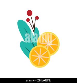 Composition of slices of dried orange and a branch with berries. Vector illustration in flat style. Isolate Stock Vector