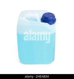 Can with non-freezing liquid, isolated on white. Blue antifreeze liquid for car in canister. Plastic bottle or gallon of hand gel, soap or hand Stock Photo