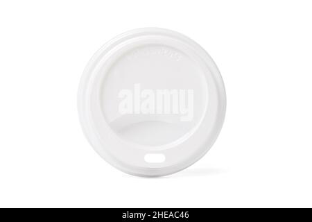 Plastic disposable top coffee cap lid isolated on white. Blank white disposable coffee cup lid mock up lying top view, 3d rendering. Empty drinking Stock Photo