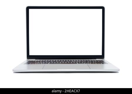 The front view of the laptop is a blank white screen on a white background which has a copy space for inserting text or images. Laptop with a blank screen Stock Photo