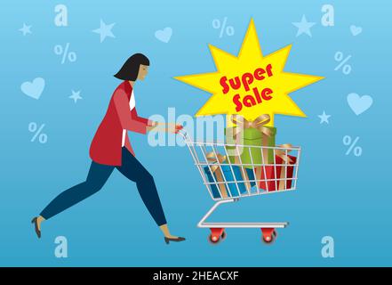 Woman shopping with trolley, chart on supersale. Vector illustration. EPS10. Stock Vector