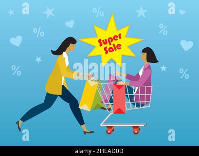 Women shopping with trolley, chart on supersale. Vector illustration. EPS10. Stock Vector