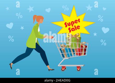 Woman shopping with trolley, chart on supersale. Vector illustration. EPS10. Stock Vector