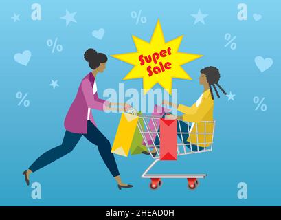 Two women shopping on supersale. Vector illustration. EPS10. Stock Vector