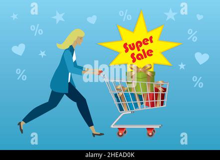 Woman shopping with trolley, chart on supersale. Vector illustration. EPS10. Stock Vector