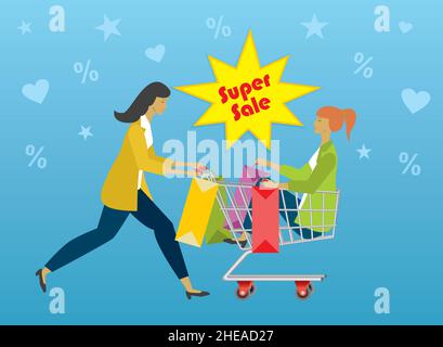 Two women shopping on supersale. Vector illustration. EPS10. Stock Vector