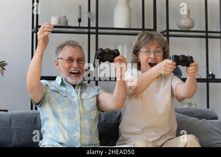 Happy sincere middle aged couple playing video game. Stock Photo