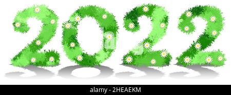 New Year 2022, numbers written in font made of small green leaves of bush and white chamomile flowers. Summer horizontal banner. Vector isolated on wh Stock Vector