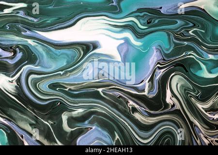 Abstract fluid art background black and blue colors. Liquid marble. Acrylic painting on canvas with gray lines and gradient. Alcohol ink backdrop with Stock Photo