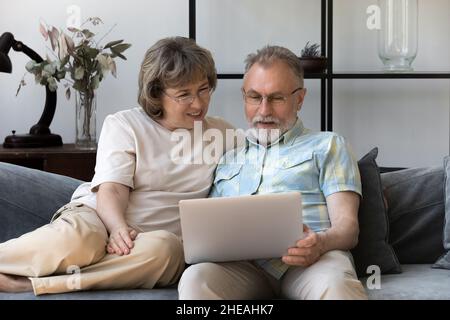 Happy affectionate old couple using laptop at home. Stock Photo