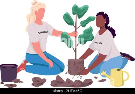 Women planting tree semi flat color vector characters Stock Vector