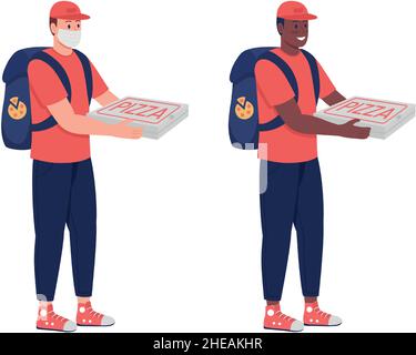 Courier with pizza semi flat color vector character set Stock Vector