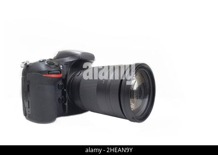 Digital camera with lens, professional isolated on white Stock Photo