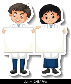 Scientist boy holding empty board in sticker style illustration Stock ...