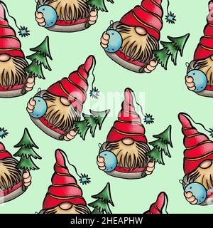 Seamless pattern illustration of a gnome with a beard in a hat. New year and christmas symbol on a light green background. High quality illustration Stock Photo