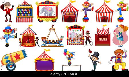 Set of circus characters and amusement park elements illustration Stock Vector