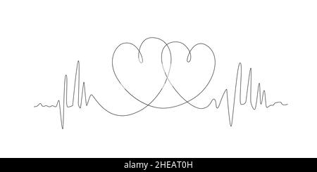 Continuous line drawing of two hearts with heartbeat line on black and white background. Love and passion concept, Valentines card Stock Vector
