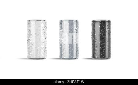 Blank white, silver, black 280 ml soda can with drops mockup Stock Photo