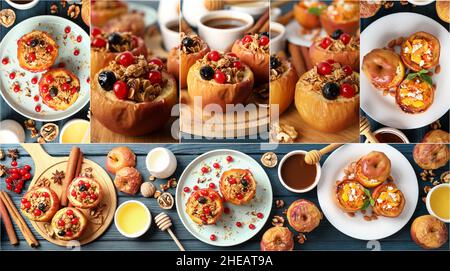 Photo collage of tasty stuffed baked apples Stock Photo