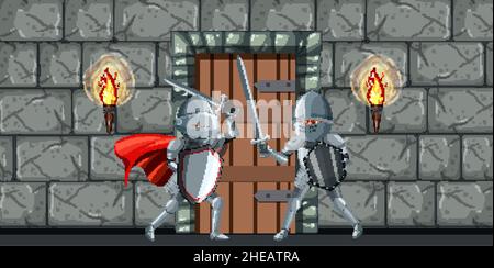 Medieval scene with two knights fighting together illustration Stock ...