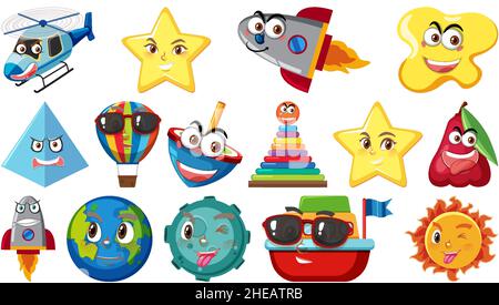 Set of different toy objects with smiley faces illustration Stock Vector