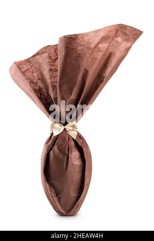 Chocolate easter egg packed with elegant brown paper on white background Stock Photo