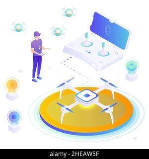 Drone operator with remote controller, quadcopter on podium, vector isometric illustration. Unmanned aerial vehicle. Stock Vector