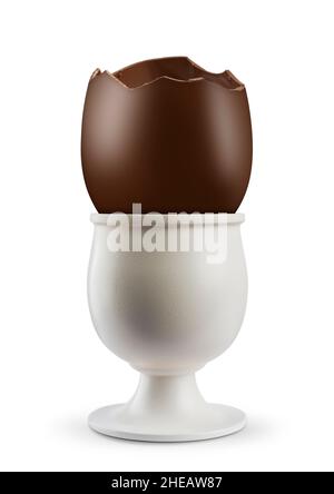 Broken chocolate easter egg on egg cup,  on white background Stock Photo