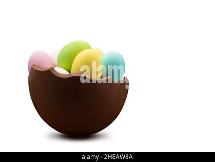 Broken chocolate easter egg with colorful eggs inside, on white background Stock Photo