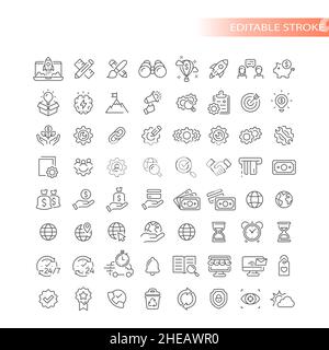 Business launch and web shopping site icons. Start up outlined icon set. Stock Vector