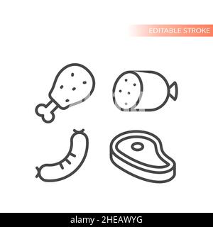 Meat products outlined vector icon set. Chicken leg, sausage, salami and beef steak symbols. Stock Vector