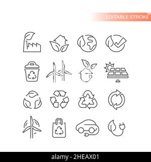 Green energy, eco friendly and safe icons. Solar panel, wind turbine, recycled, renewable outlined vector icon set. Stock Vector