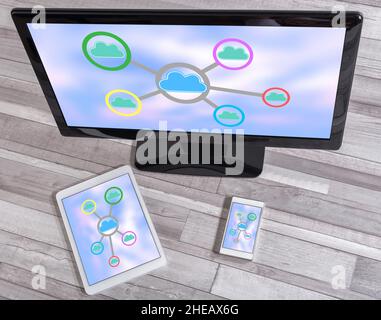Cloud networking concept shown on different information technology devices Stock Photo