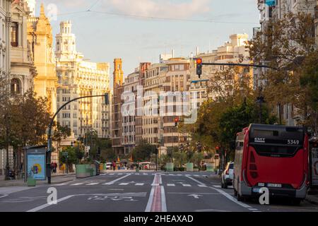 Early morning on Plaza de Ayuntamiento - Valencia, Spain Stock Photo