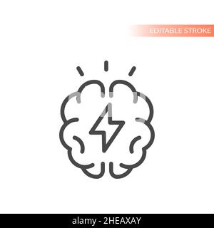 Brain and lightning bolt outlined icon. Brainstorm or brainstorming vector symbol. Stock Vector