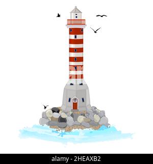 Lighthouse isolated on white background. Sea ​​lighthouse with island, stones, seagulls and water waves. Beacon with ocean. Stock vector illustration Stock Vector
