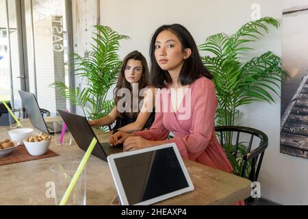 Multiracial young women in casual clothes using laptops and looking at camera while sitting at table and working remotely in cafe in daytime Stock Photo
