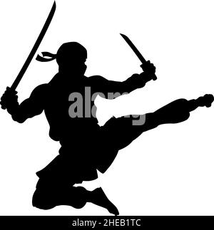 Ninja Flying Kick Man Silhouette Stock Vector