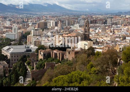 Cityscape view over city centre high density buildings, Malaga, Andalusia, Spain - cathedral church in centre Stock Photo