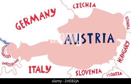 Vector hand drawn stylized map of Austria and neighboring countries. Travel illustration. Republic of Austria geography illustration. Europe map eleme Stock Vector