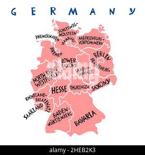 Vector hand drawn stylized map of Germany states. Travel illustration. Federal Republic of Germany geography illustration. Europe map element Stock Vector