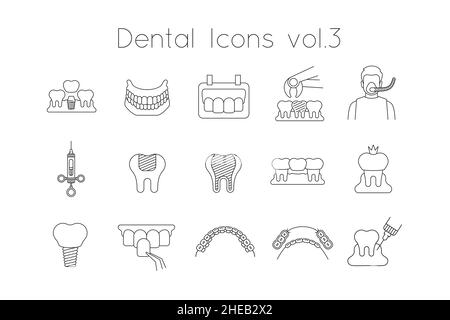 Dentistry icons. Thin line vector signs of dental clinic services. Oral health care concepts. Dental implants, surgery, orthodontics. Teeth diseases a Stock Vector