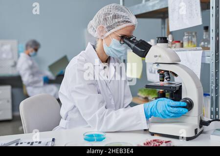 Young woman in protective workwear sitting at the table and examining samples with microscope at the lab Stock Photo