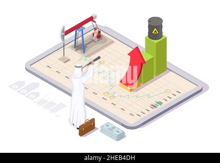 Arab businessman looking at raising oil chart through telescope, flat vector isometric illustration. Oil price growth. Stock Vector