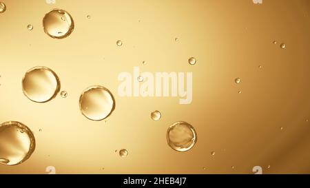 Many water bubbles on shaded golden surface float together. Golden background template with round particles Stock Photo
