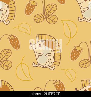 Seamless pattern with hedgehogs, mushrooms and strawberries on yellow background. Stock Vector