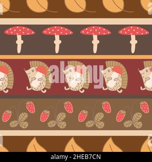 Colourful striped seamless pattern with hedgehogs, mushrooms and strawberries arranged in rows. Stock Vector