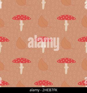 Amanita mushroom seamless pattern with leaves and rain drops on beige background. Stock Vector