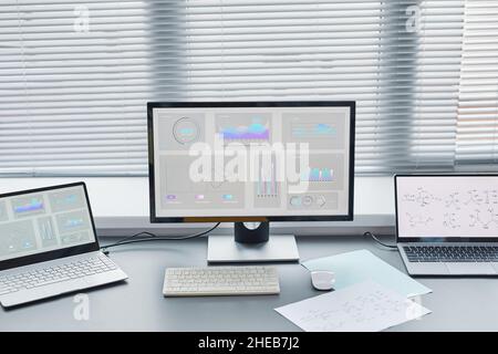 Close-up of computer with big monitor with charts on the screen standing on the table in the lab Stock Photo