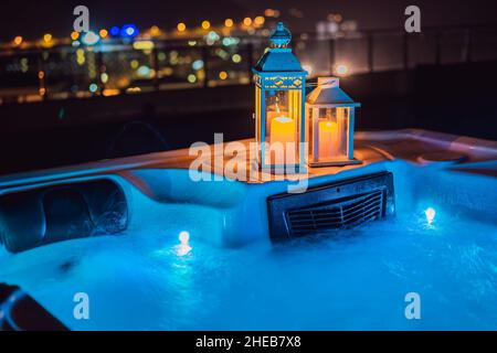 Hot tub with candles ready to take a bath. Valentines day concept Stock Photo